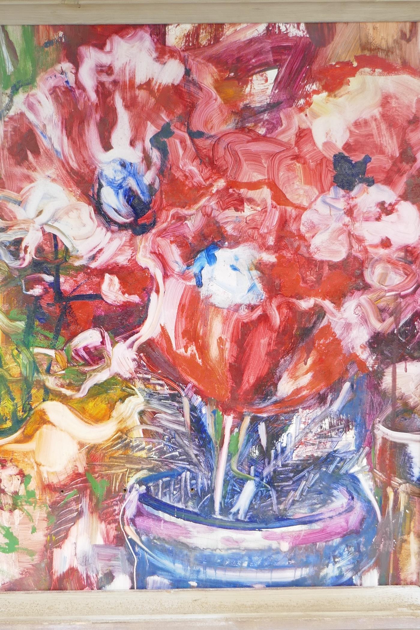 Red flowers in a bowl, inscribed verso 'Thos. Kennedy', dated 56, oil on board, 20½" x 18"