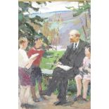 Seated figure with children in a park, signed and inscribed verso 'Suvorova 1959', Russian oil on