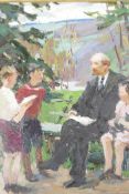 Seated figure with children in a park, signed and inscribed verso 'Suvorova 1959', Russian oil on