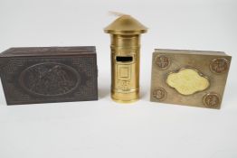 A Chinese engraved brass table cigarette box, the cover set with good luck symbols, 4¼" x 3¼" x 1½",