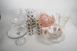 An Art Deco pink glass fruit service of serving bowl and six pedestal bowls together with a
