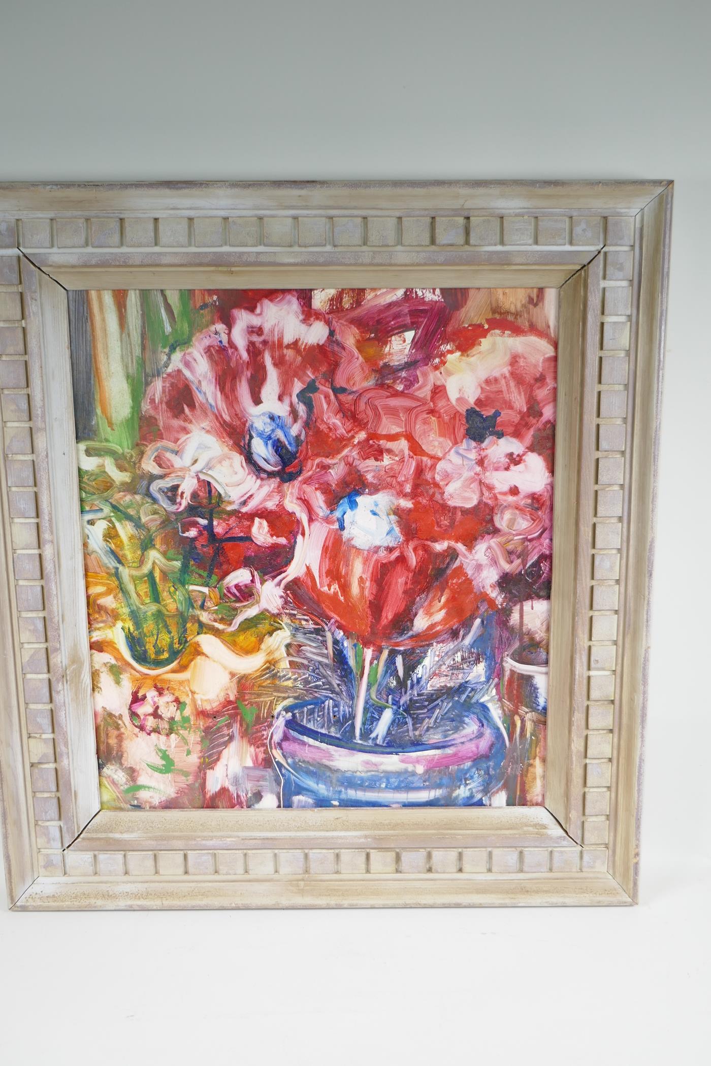Red flowers in a bowl, inscribed verso 'Thos. Kennedy', dated 56, oil on board, 20½" x 18" - Image 3 of 4