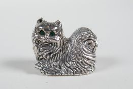 A sterling silver miniature figure of a long haired cat, 1"