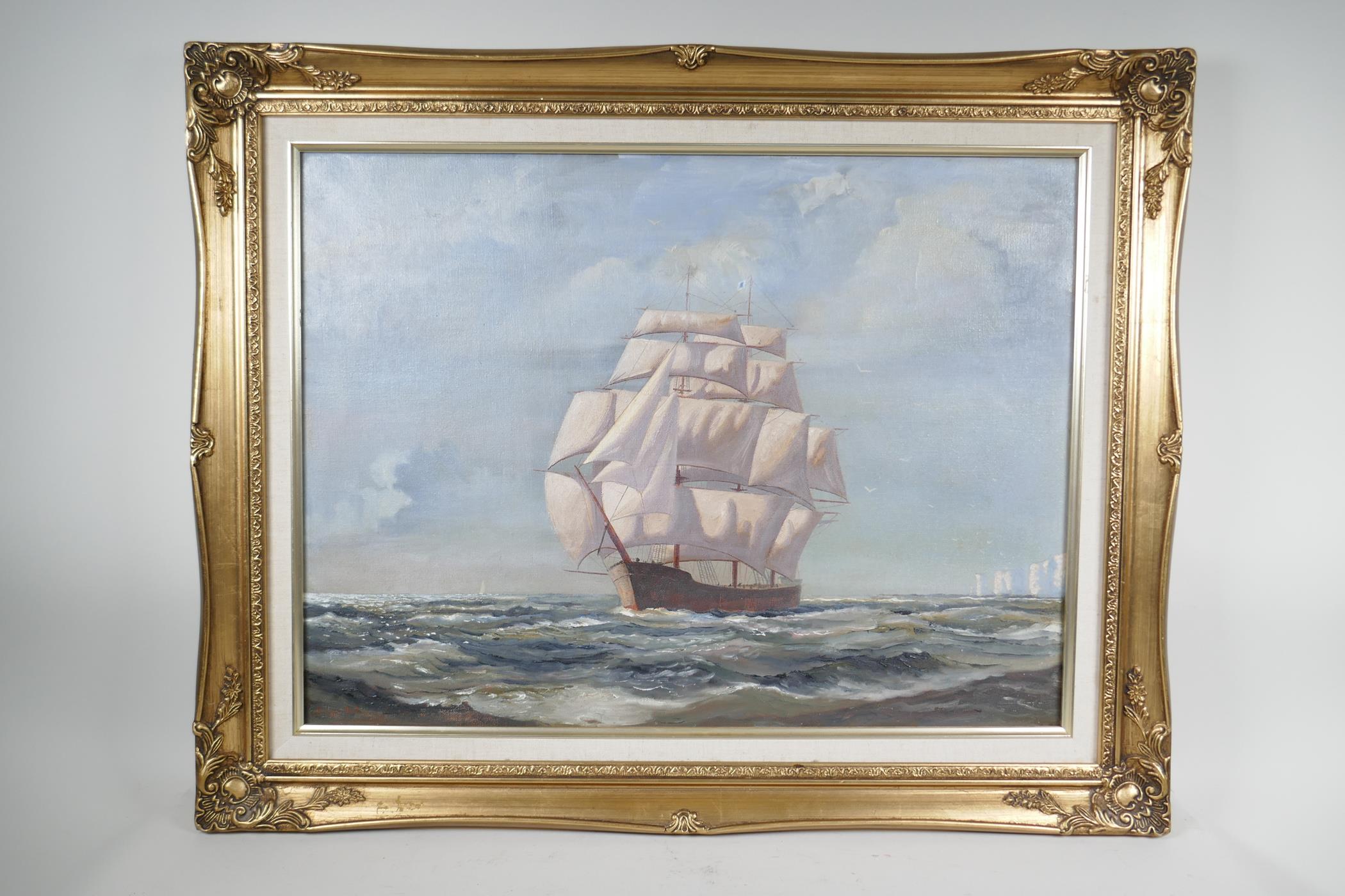 Three masted sailing ship with the White Cliffs of Dover in the distance, indistinctly signed, oil - Image 2 of 5