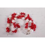 A coral and pearl three strand bracelet, 7½" long