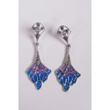 A pair of silver and plique a jour Art Nouveau style earrings set with marcasite, 2" drop