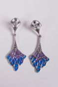 A pair of silver and plique a jour Art Nouveau style earrings set with marcasite, 2" drop
