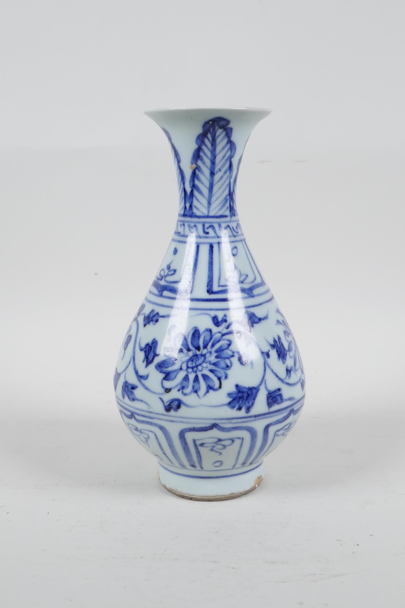 A Chinese blue and white porcelain pear shaped vase with scrolling floral decoration, 7½" high, A/ - Image 3 of 5