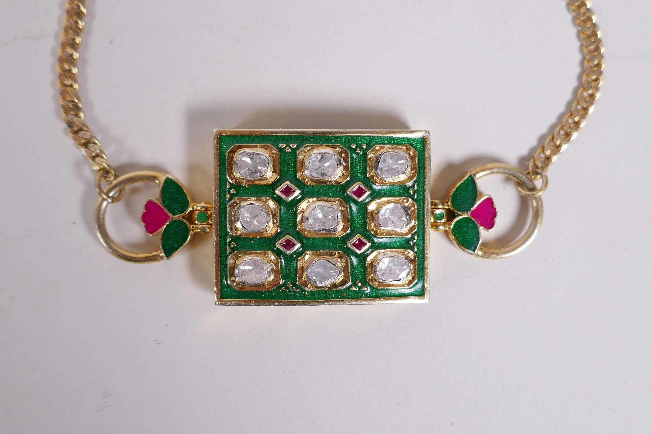 A silver gilt, enamel and uncut diamond bracelet in the Persian style, 8" long - Image 2 of 2