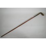 An antique cane walking stick with horn handle carved in the form of a horse's hoof, 35" long