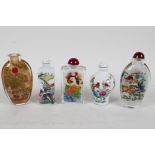 Five Chinese snuff bottles: two polychrome enamelled porcelain depicting Asiatic birds and