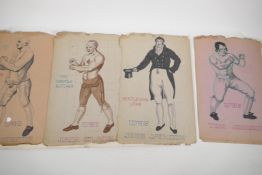 A folder of pen and wash sketches of ten famous bare knuckle boxers from the C18th, 14" x 9½"