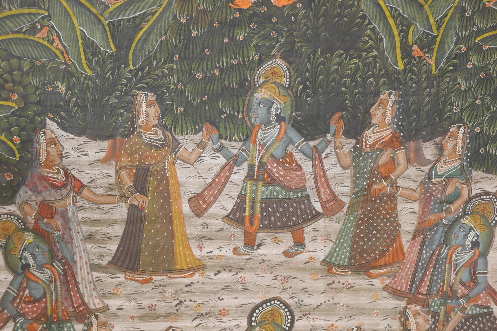 An Indian painting on silk depicting a ceremonial dance, 'The Wishes of Krishna', 33" x 45" - Image 3 of 4