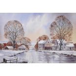 Winter landscape with farm buildings and frozen river, signed, watercolour, 21" x 15"