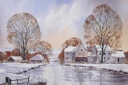 Winter landscape with farm buildings and frozen river, signed, watercolour, 21" x 15"