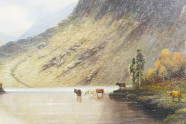 After W. Langley, Scottish Highlands scene with cattle drinking at a lake, titled verso 'Loch