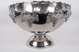 A large plated pedestal punch bowl decorated with bunches of grapes, 15" diameter, 10" high