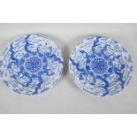 A pair of Chinese export ware blue and white porcelain cabinet plates decorated with dragons chasing