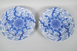 A pair of Chinese export ware blue and white porcelain cabinet plates decorated with dragons chasing