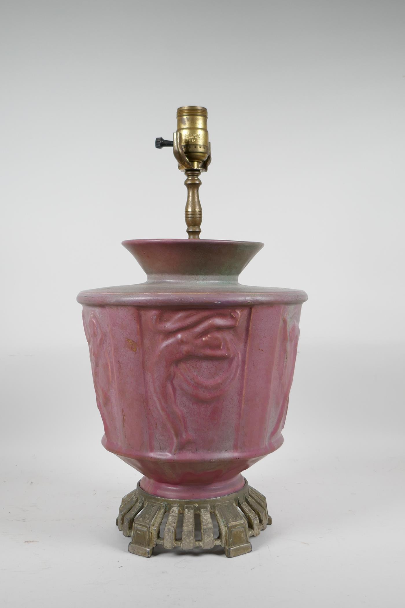 A pink glazed ceramic lamp with metal mounts, the body decorated with classical nudes, 17" high - Image 3 of 5