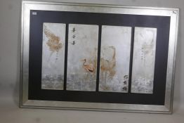 A quadtych of lacquered panels with mixed media decoration on a Chinese theme, signed and mounted in