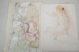 Two unframed watercolour and pencil drawings, interior scene and female figure study, one signed