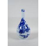 A Chinese blue and white porcelain bottle vase decorated with travellers in a landscape, 6 character