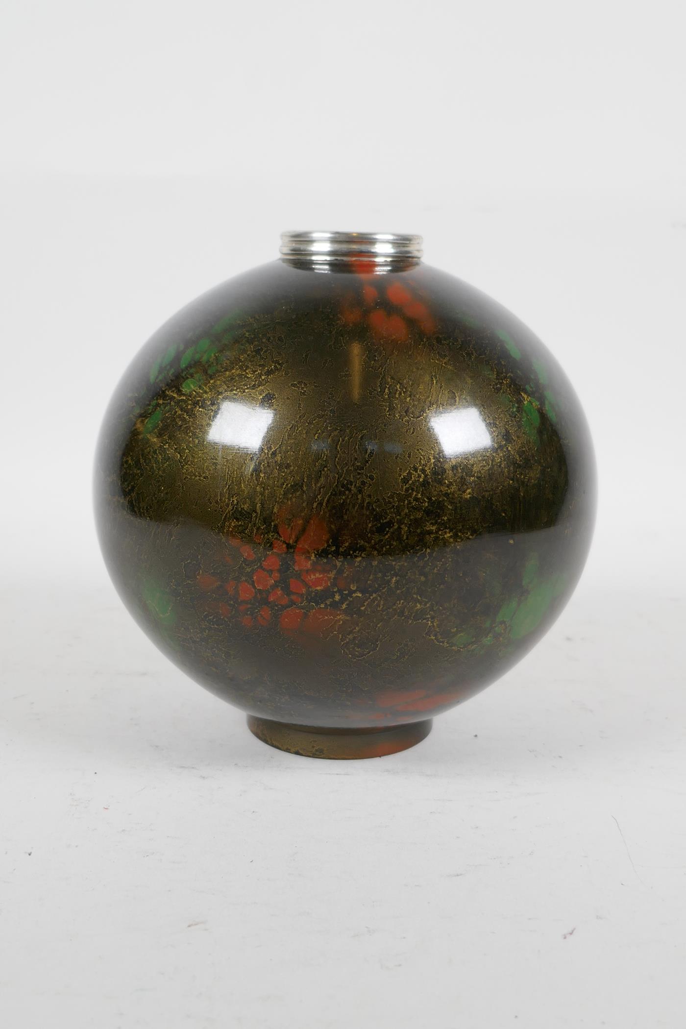 A Japanese enamelled metal globular vase with green and red speckled decoration on a bronze style - Image 3 of 4