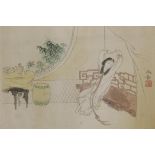 A Chinese watercolour on silk, woman rising from her day bed, 16" x 13", framed