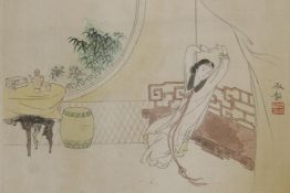 A Chinese watercolour on silk, woman rising from her day bed, 16" x 13", framed