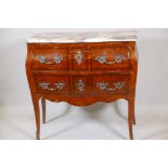 A French Louis XV style marquetry inlaid tulipwood bombe shaped commode, with marble top and two