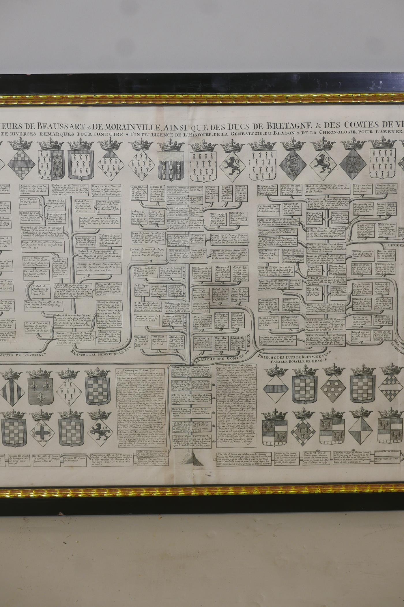 An C18th heraldic engraving, Carte Genealogique, des comtes de Dreux, des Seigneurs de Beaussart and - Image 5 of 6