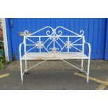 A painted metal two seater garden bench, 45" x 17", 37" high