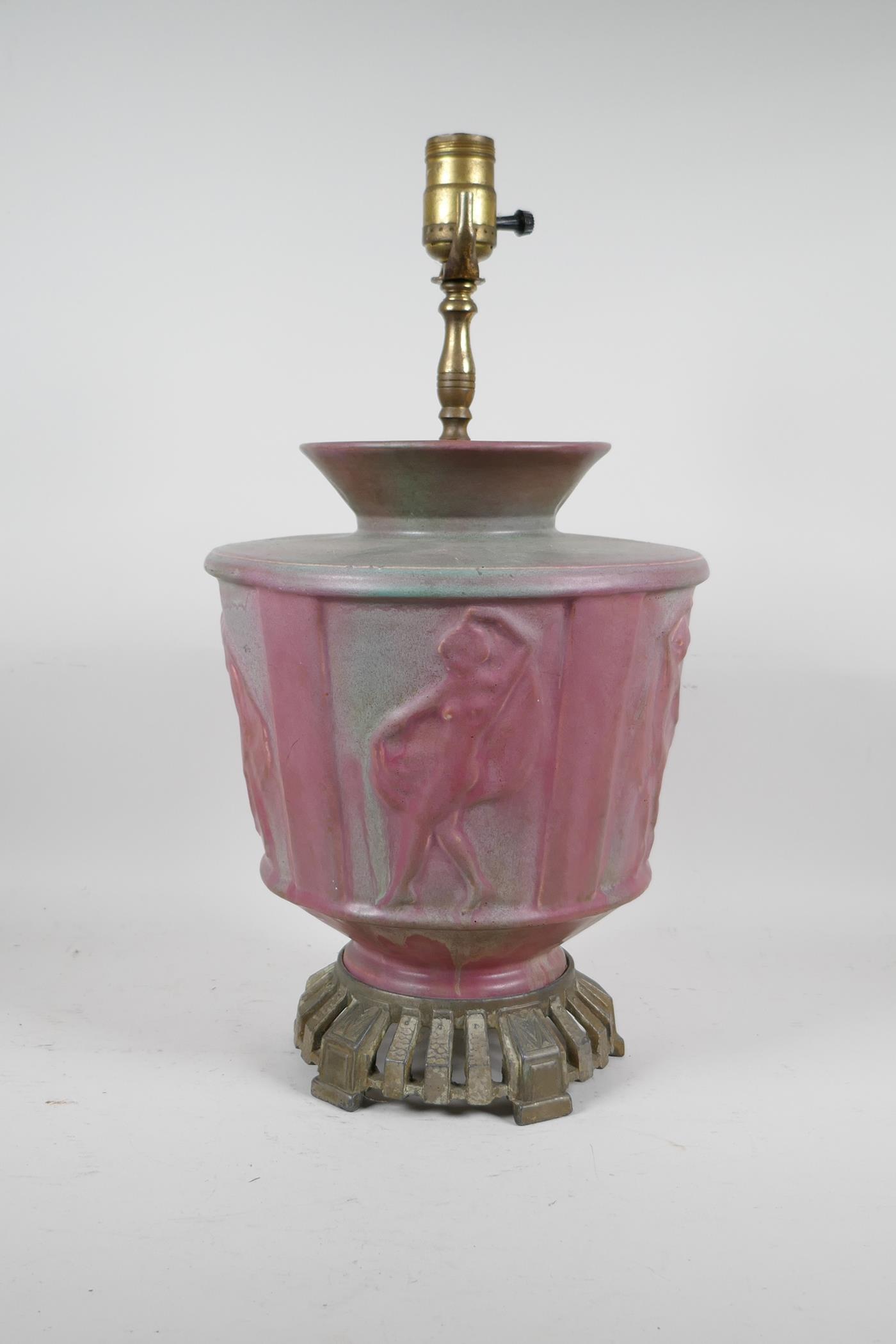 A pink glazed ceramic lamp with metal mounts, the body decorated with classical nudes, 17" high - Image 5 of 5