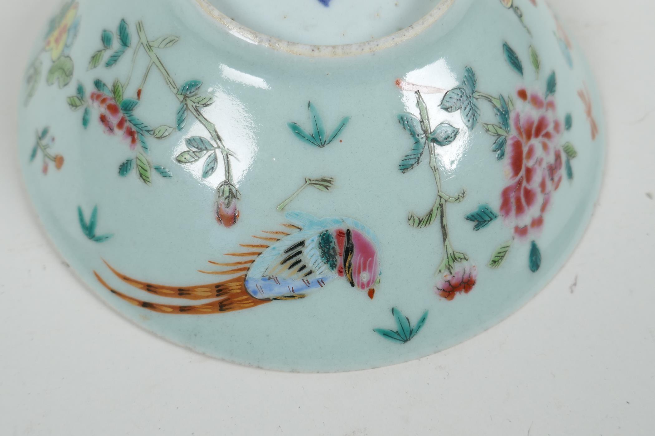 An early C20th Chinese polychrome porcelain dish decorated with Asiatic birds, flowers and - Image 4 of 6