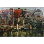After Campbell A. Mellon, riverside dwellings, oil on canvas, unframed, 18" x 14"