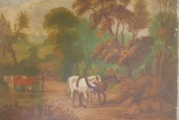 C19th English naive painting, landscape with dray horses and a milkmaid milking, oil on canvas,