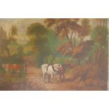 C19th English naive painting, landscape with dray horses and a milkmaid milking, oil on canvas,