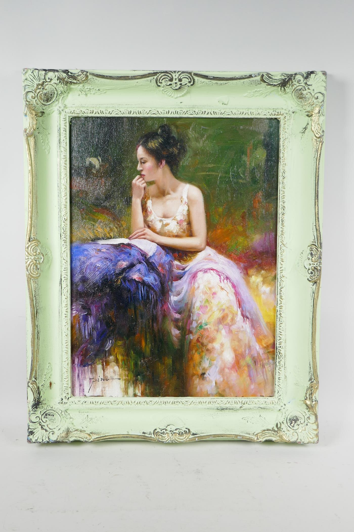 After Pino Daeni, lady in a colourful gown, Italian impressionist style portrait, 12" x 16" - Image 2 of 4