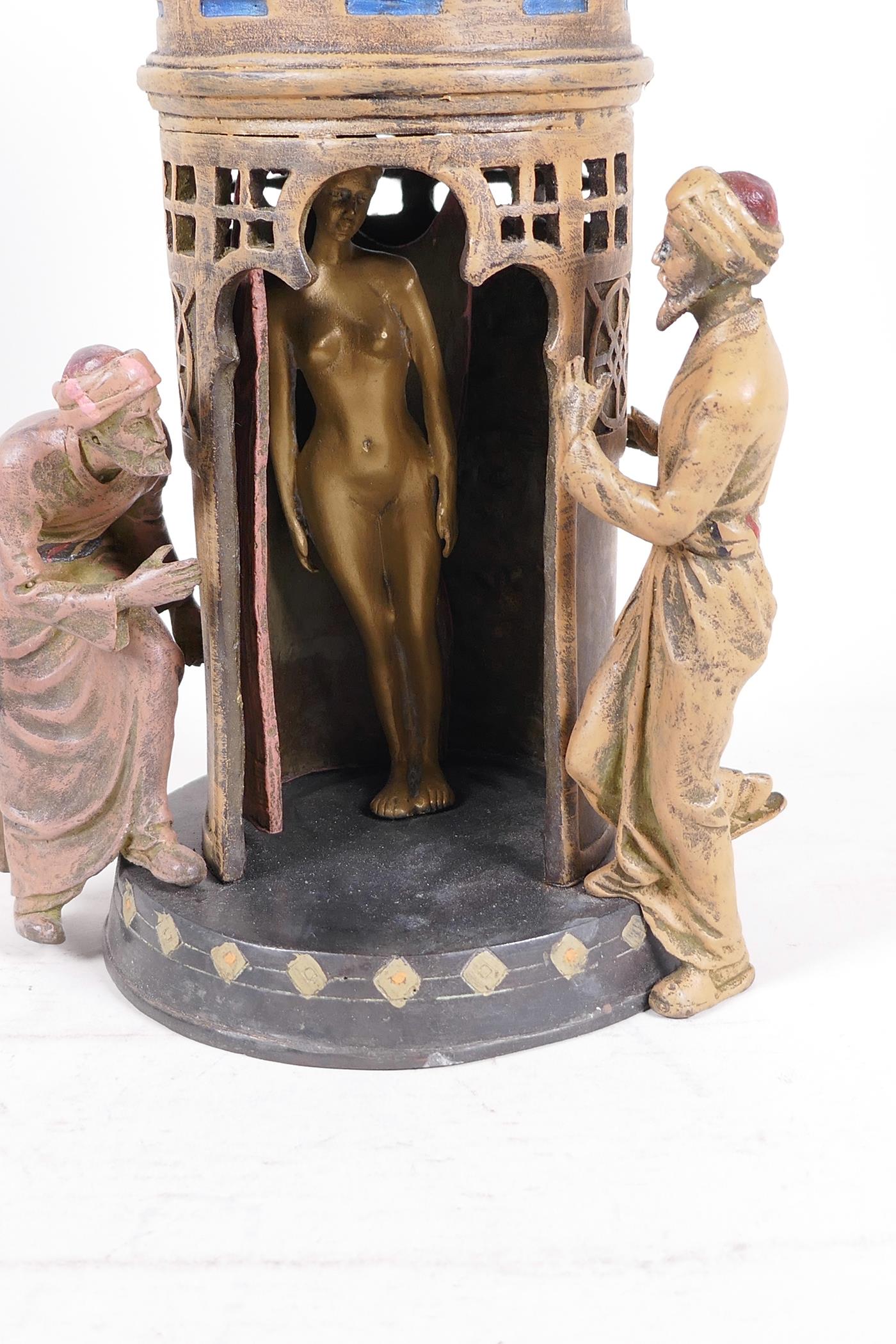 A cold painted bronze after Bergman of an Arab tower, with a concealed female nude and two male - Image 3 of 4