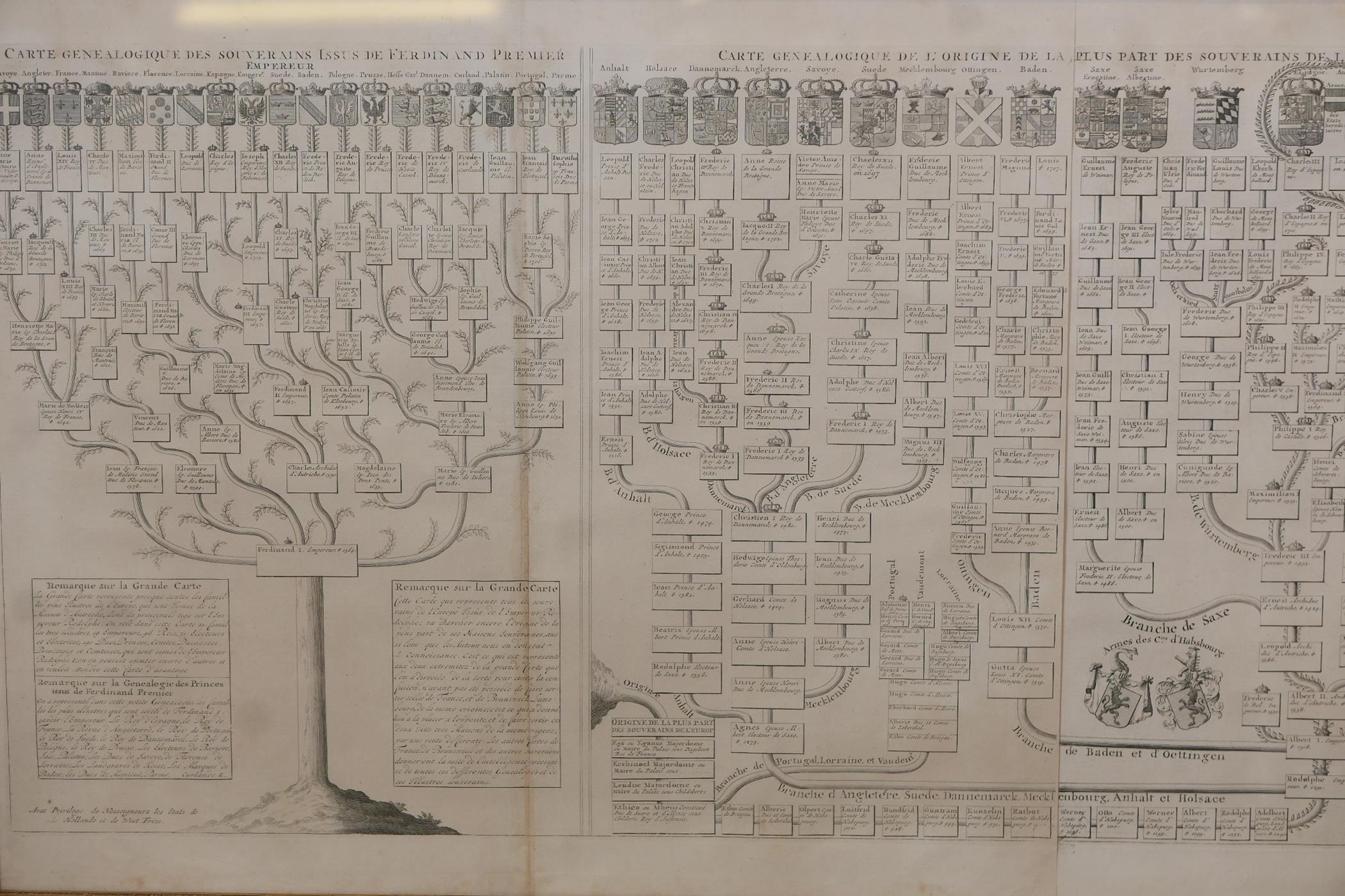 An C18th heraldic engraving, Nouvelle Carte Genealogique, des souverains issus de Ferdinand Premier, - Image 2 of 7