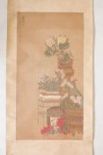 A Chinese watercolour over print scroll depicting vases and planters filled with flowers, 19½" x 38"