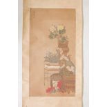A Chinese watercolour over print scroll depicting vases and planters filled with flowers, 19½" x 38"