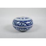 A Chinese blue and white porcelain circular box and cover with auspicious symbol decoration, 6