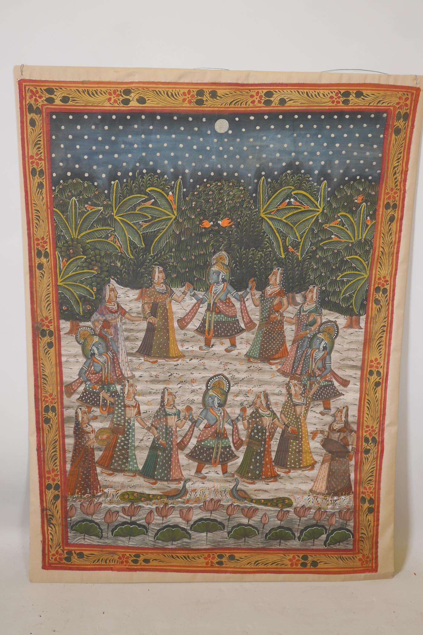 An Indian painting on silk depicting a ceremonial dance, 'The Wishes of Krishna', 33" x 45" - Image 2 of 4