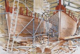 Ben Manchipp, 'Pilot cutter montage', boat building workshop, watercolour, pencil signed, 19" x 16"