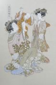 A collection of five Japanese ink and watercolour drawings depicting geisha, musicians, dancers