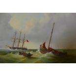 Bernard Page, Dutch sailing boat and three masted sailing ship off the coast, signed, C20th, oil