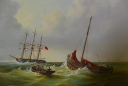 Bernard Page, Dutch sailing boat and three masted sailing ship off the coast, signed, C20th, oil