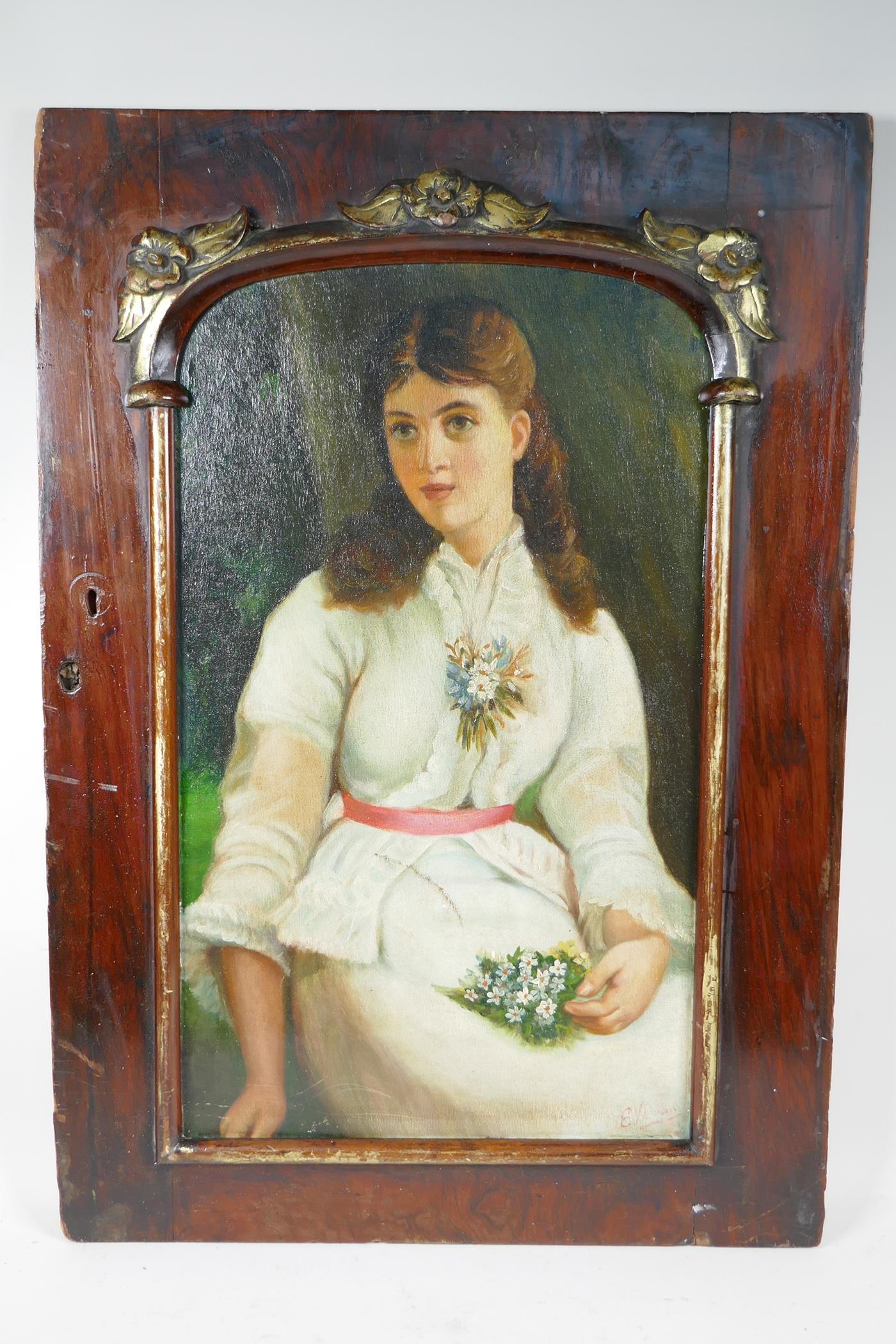 After Emile Vernon, portrait of a woman in white with flowers, framed within a mahogany panel